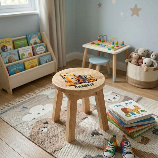 Personalised Wooden Construction Vehicles Round Toddler Step Stool | First Birthday Gift & Nursery Decor