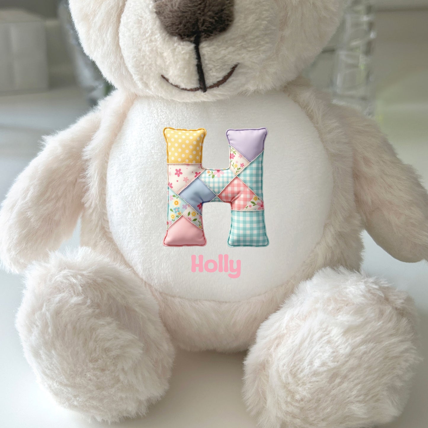 Personalised Patchwork Alphabet Plush Teddy Bear 25cm | New Baby, Christening & 1st Birthday Gift