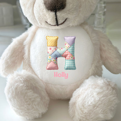 Personalised Patchwork Alphabet Plush Teddy Bear 25cm | New Baby, Christening & 1st Birthday Gift