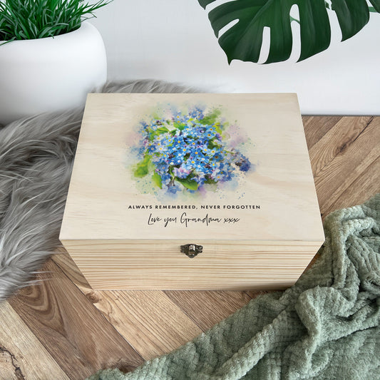Personalised Forget-Me-Not Wooden Memory Box - 5 Sizes (16cm | 20cm | 26cm | 30cm | 36cm)