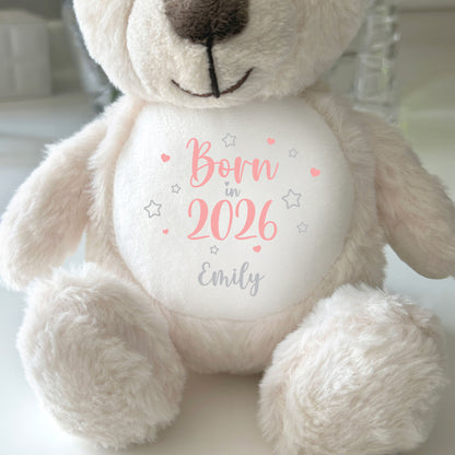 Personalised Born in 2026 Teddy Bear Plush Soft Toy 25cm | New Baby Arrival Gift