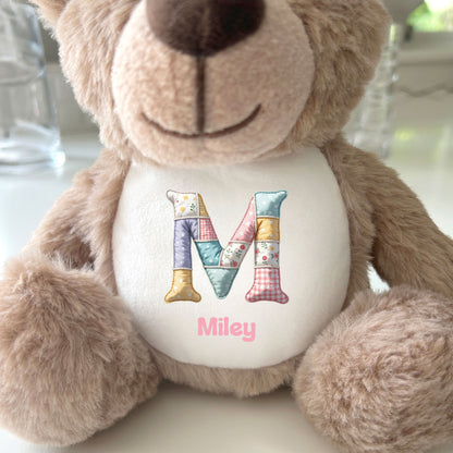 Personalised Patchwork Alphabet Plush Teddy Bear 25cm | New Baby, Christening & 1st Birthday Gift