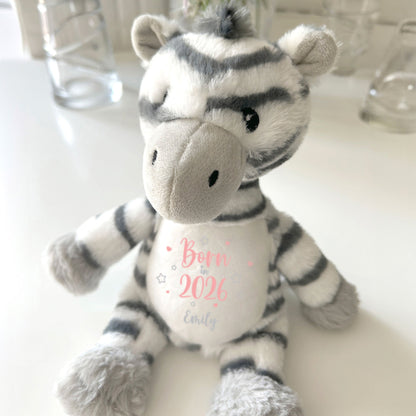 Personalised Born in 2026 Zebra Teddy Bear 28cm | New Baby, 1st Birthday or Christening Gift