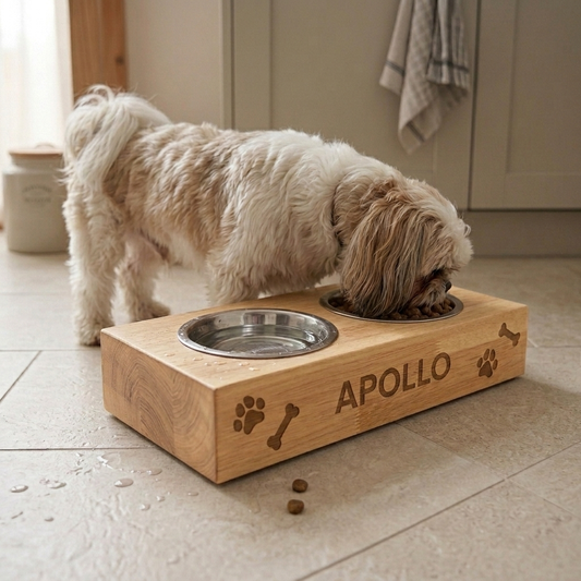 Personalised Wooden Raised Double Dog Bowl
