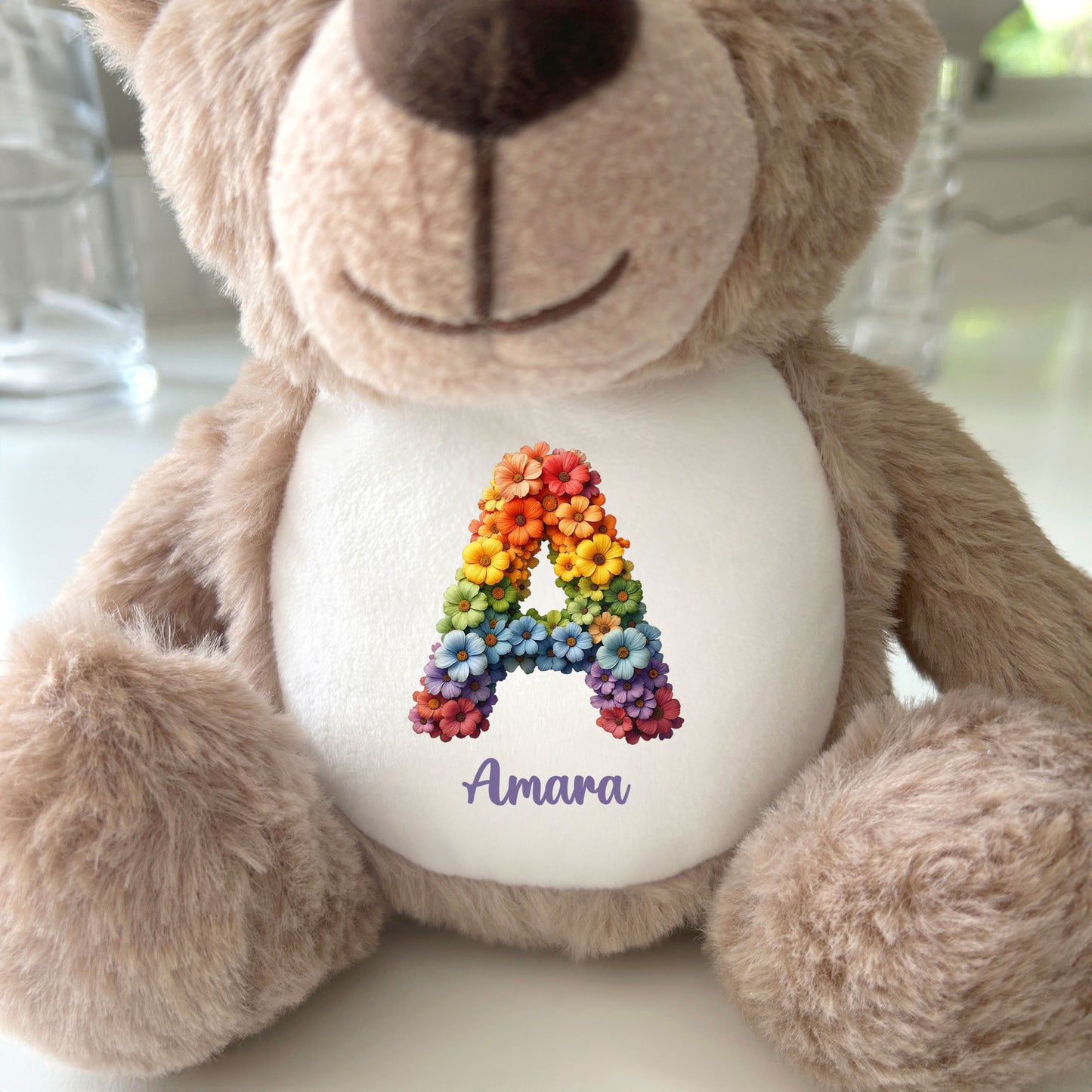 Personalised Flower Alphabet Plush Teddy Bear 25cm | New Baby, Christening & 1st Birthday Gift