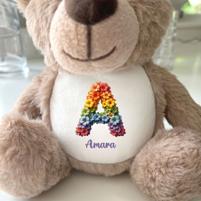 Personalised Flower Alphabet Plush Teddy Bear 25cm | New Baby, Christening & 1st Birthday Gift