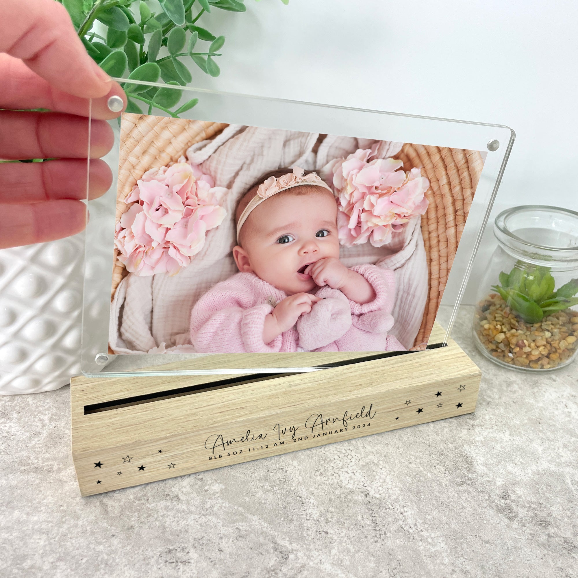 Personalised Baby Stars Wooden Base 6x4