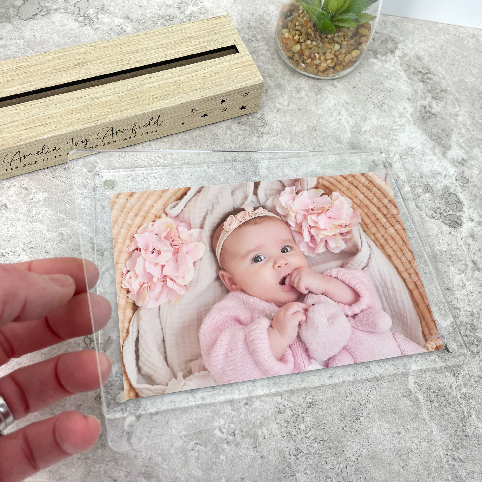 Personalised Baby Stars Wooden Base 6x4