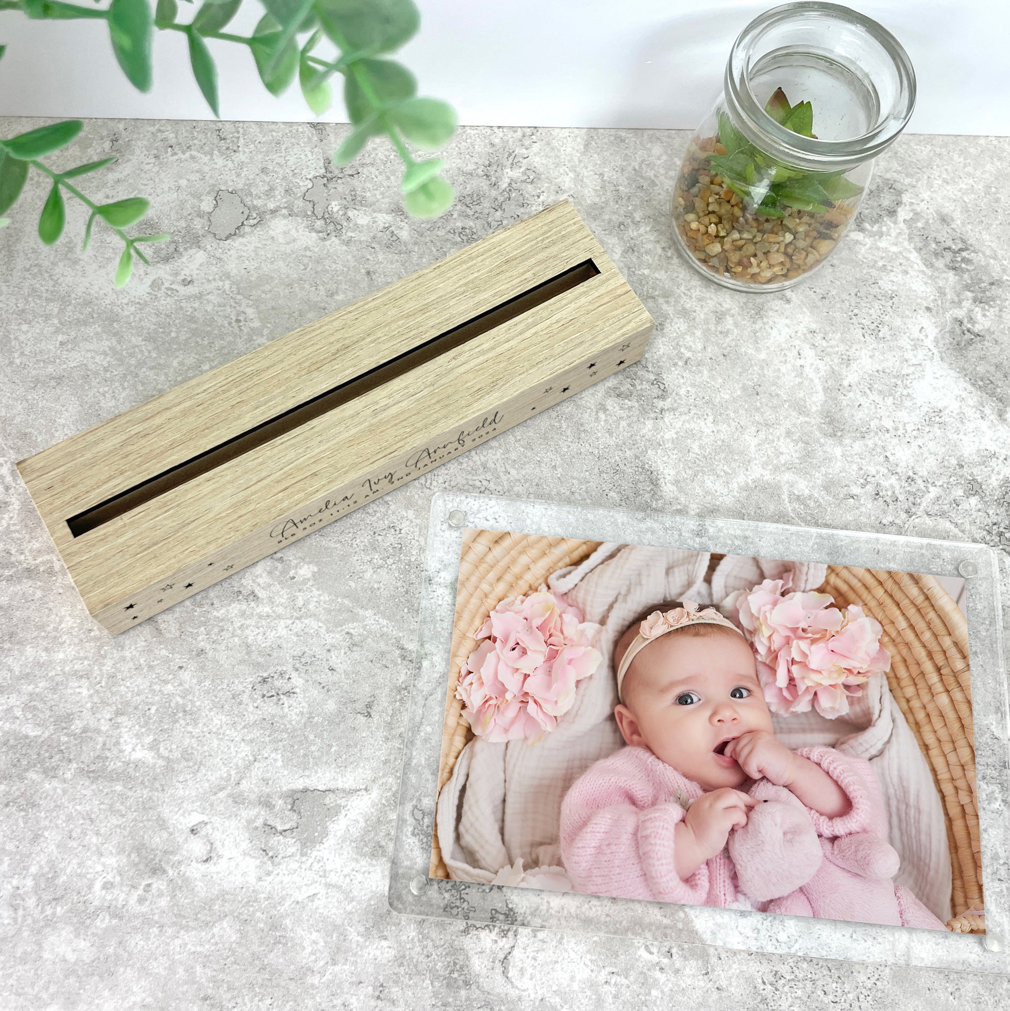 Personalised Baby Stars Wooden Base 6x4