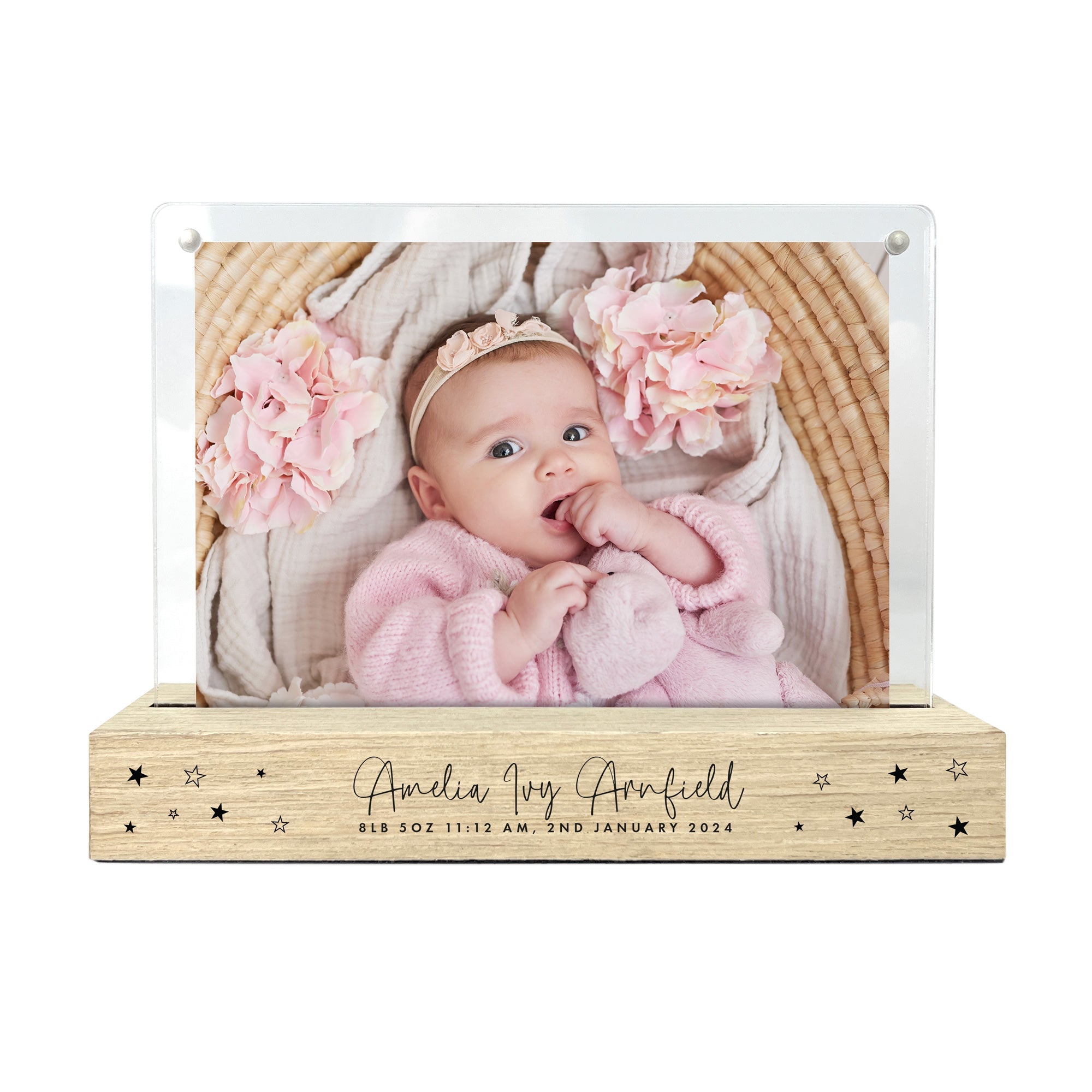 Personalised Baby Stars Wooden Base 6x4