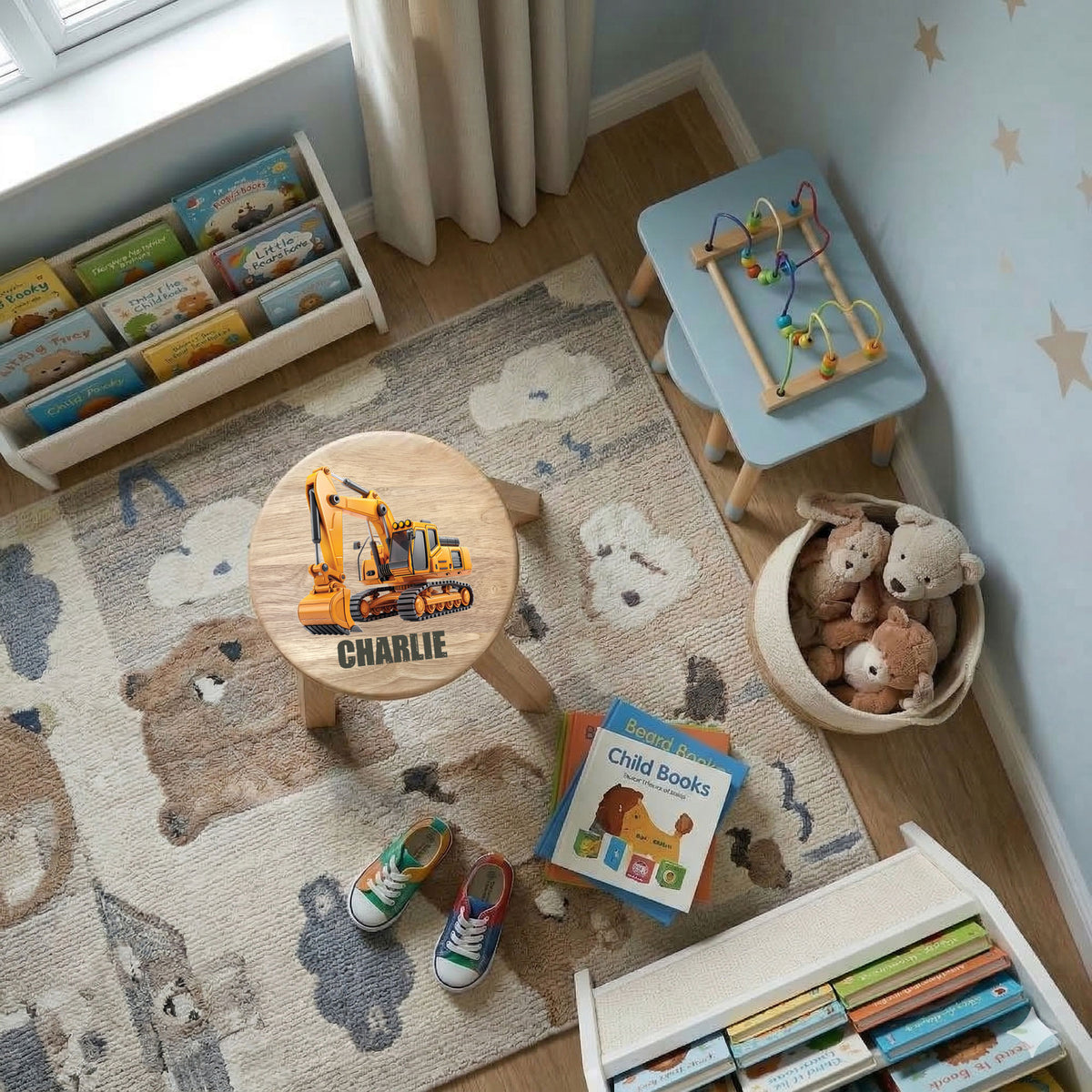 Personalised Wooden Construction Vehicles Round Toddler Step Stool | First Birthday Gift & Nursery Decor