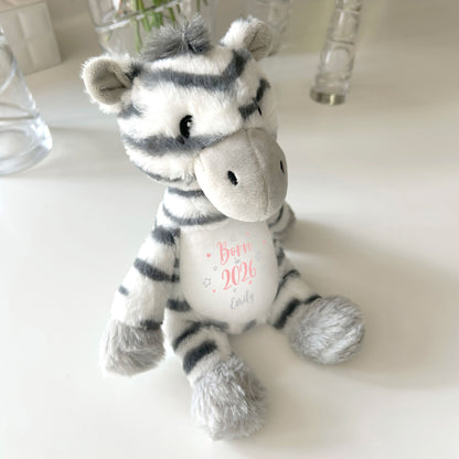 Personalised Born in 2026 Zebra Teddy Bear 28cm | New Baby, 1st Birthday or Christening Gift