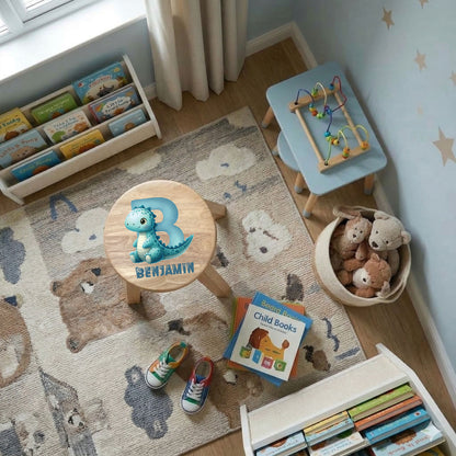 Personalised Wooden Dinosaur Alphabet Round Toddler Step Stool | Nursery Decor & First Birthday Gift