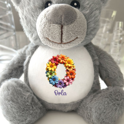 Personalised Flower Alphabet Plush Teddy Bear 25cm | New Baby, Christening & 1st Birthday Gift