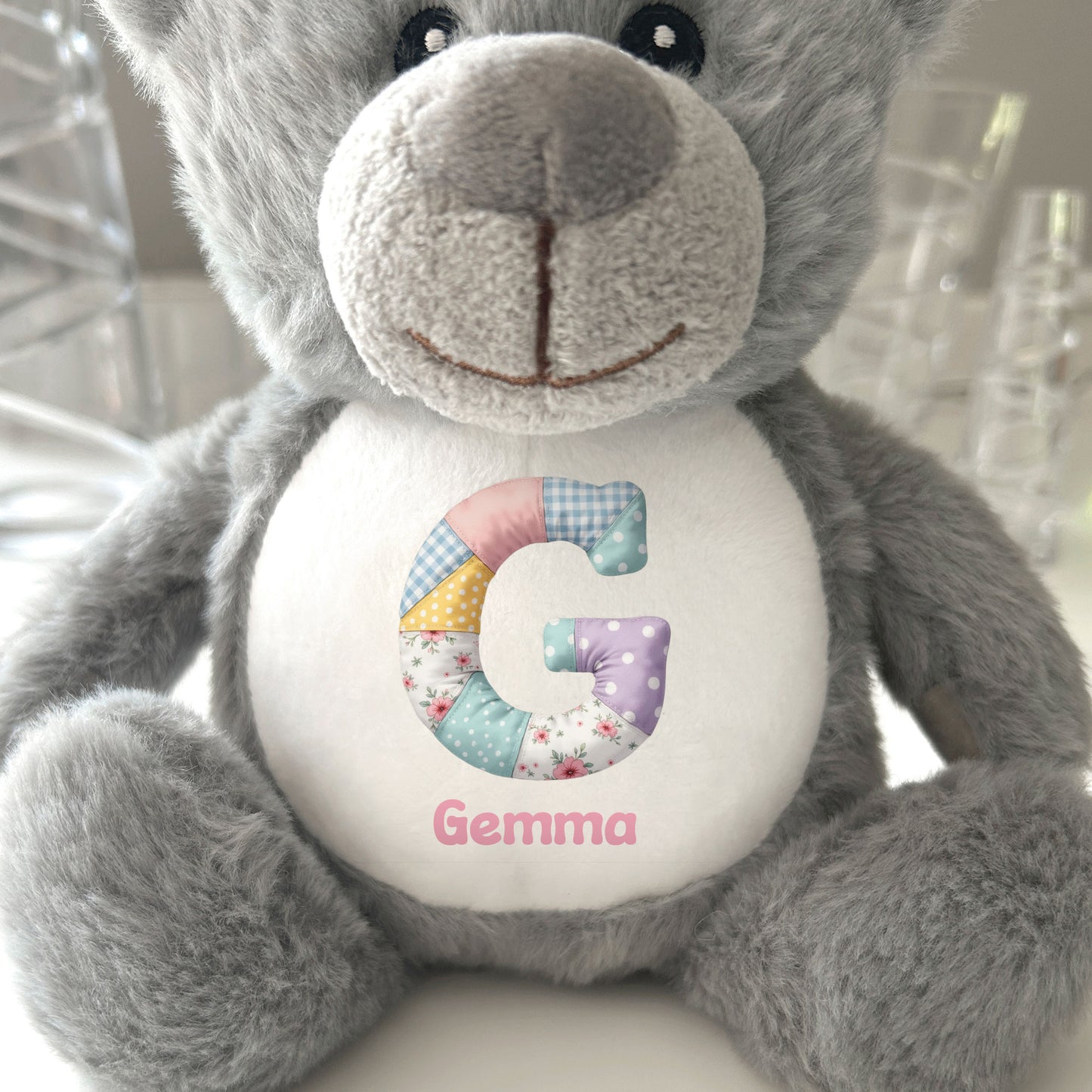 Personalised Patchwork Alphabet Plush Teddy Bear 25cm | New Baby, Christening & 1st Birthday Gift