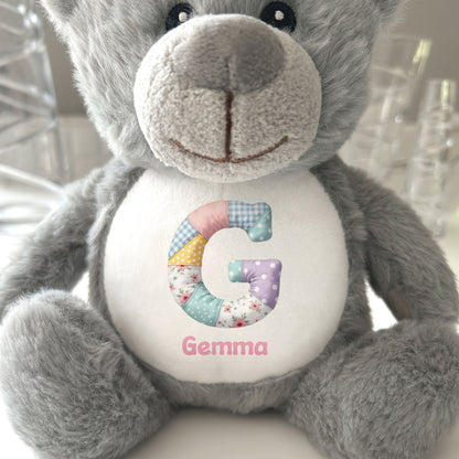 Personalised Patchwork Alphabet Plush Teddy Bear 25cm | New Baby, Christening & 1st Birthday Gift