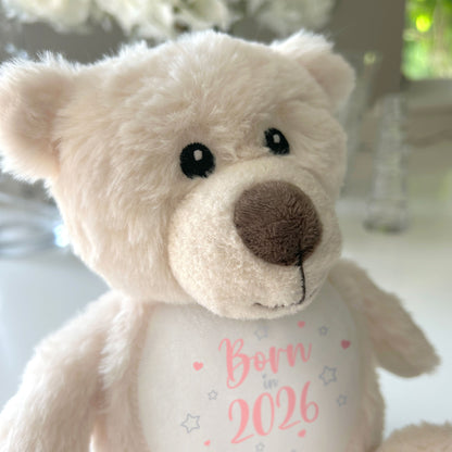 Personalised Born in 2026 Teddy Bear Plush Soft Toy 25cm | New Baby Arrival Gift