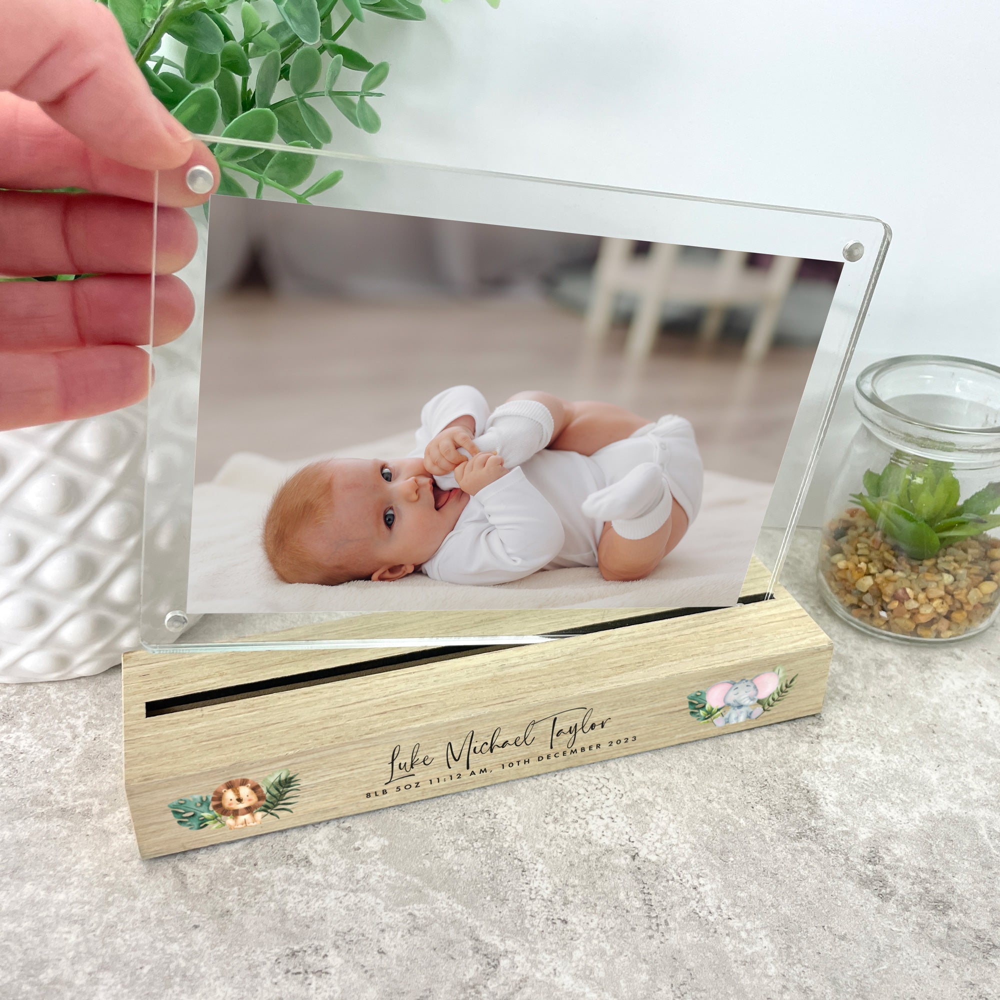 Personalised Jungle Animals New Baby Wooden Base 6x4