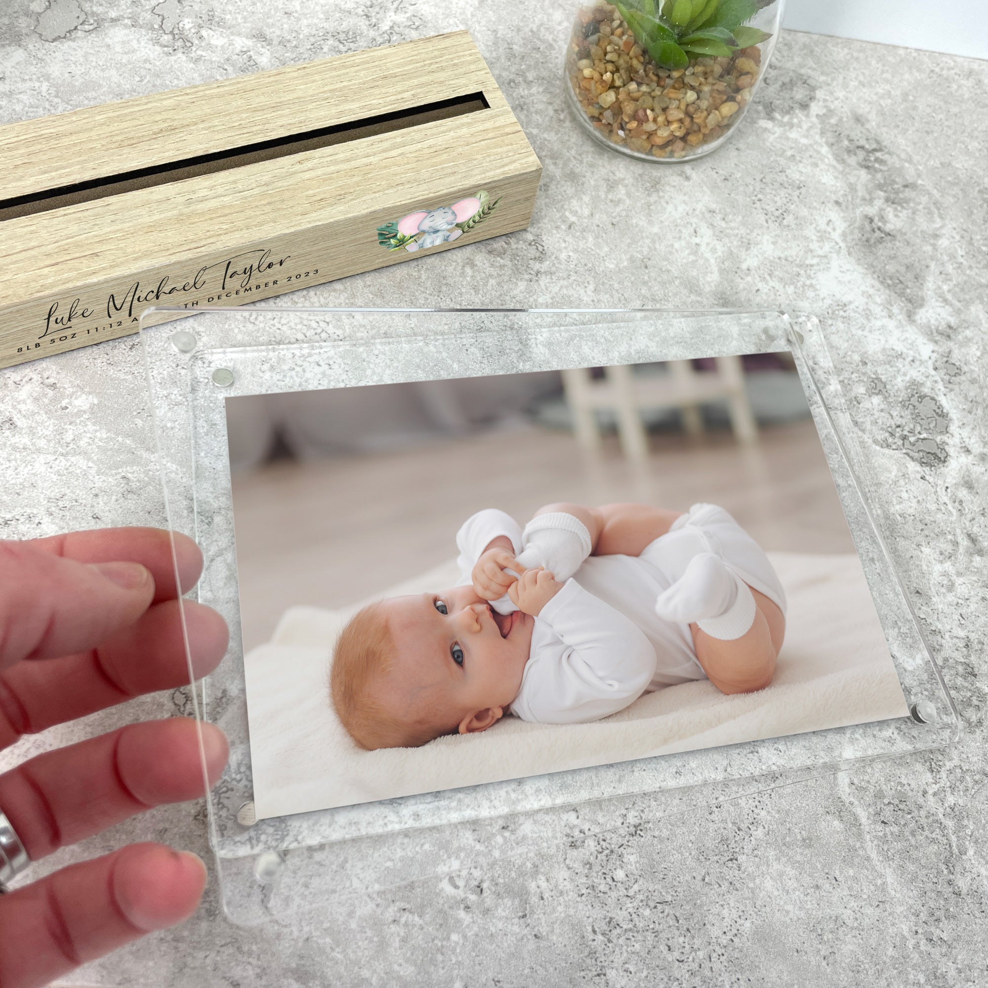 Personalised Jungle Animals New Baby Wooden Base 6x4