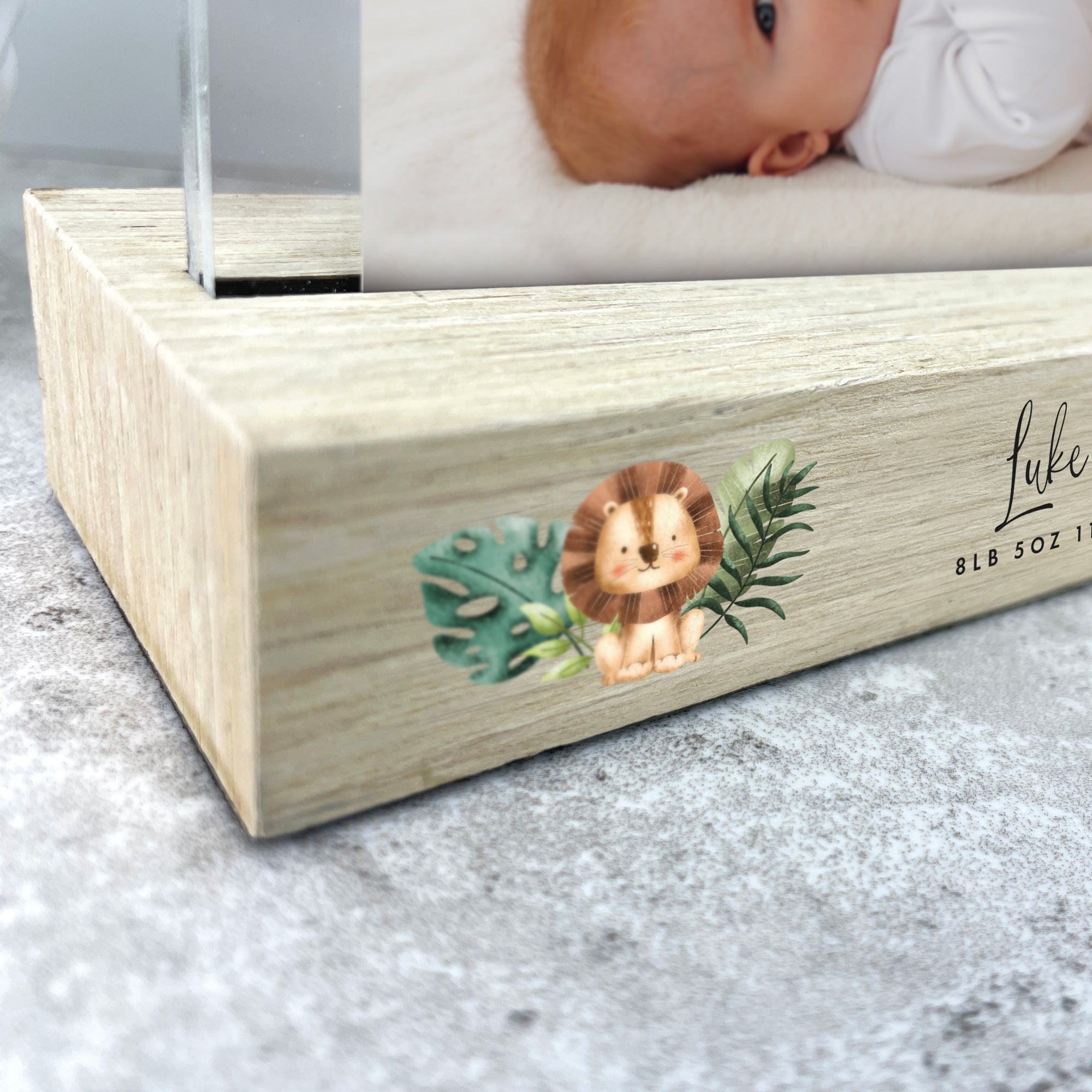 Personalised Jungle Animals New Baby Wooden Base 6x4
