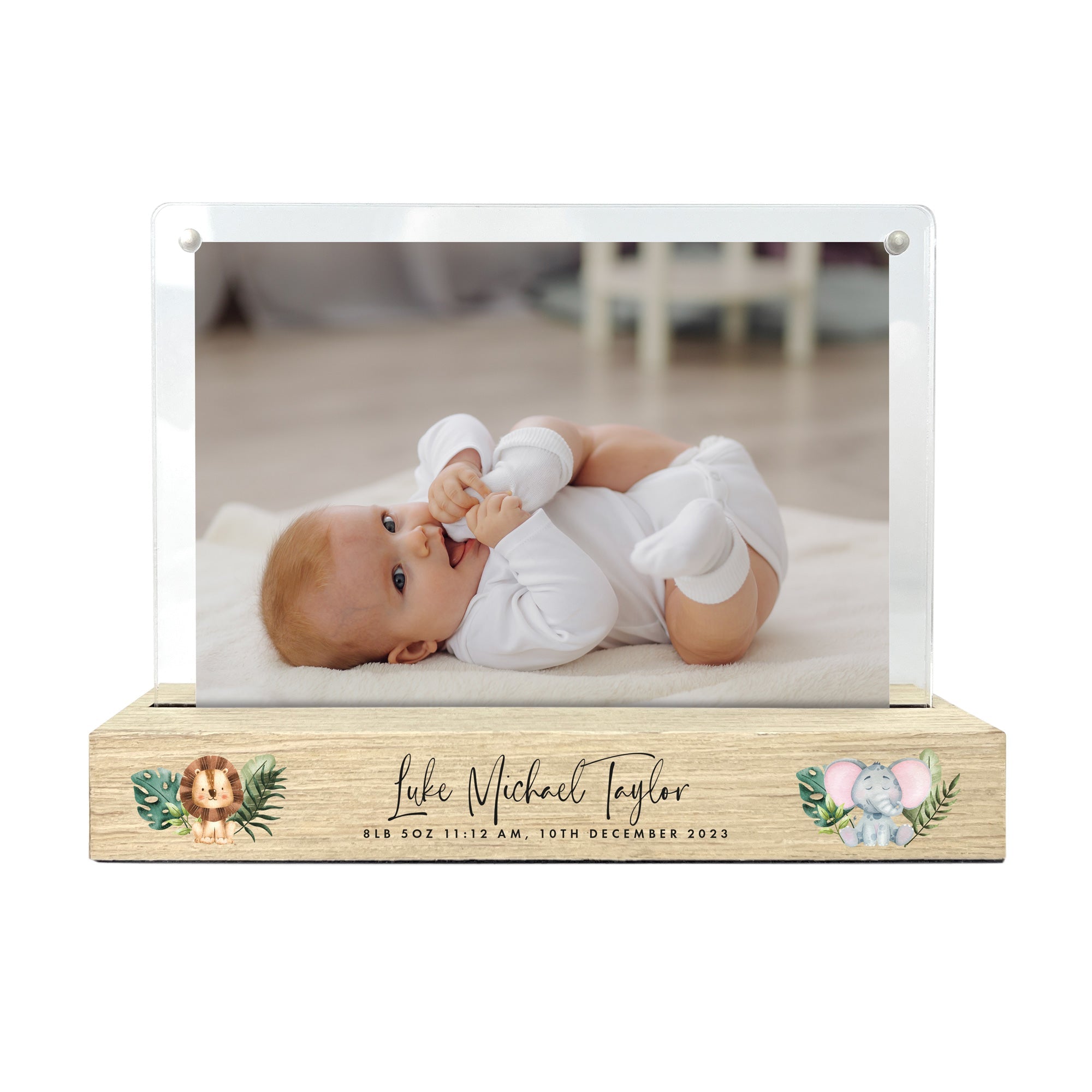 Personalised Jungle Animals New Baby Wooden Base 6x4
