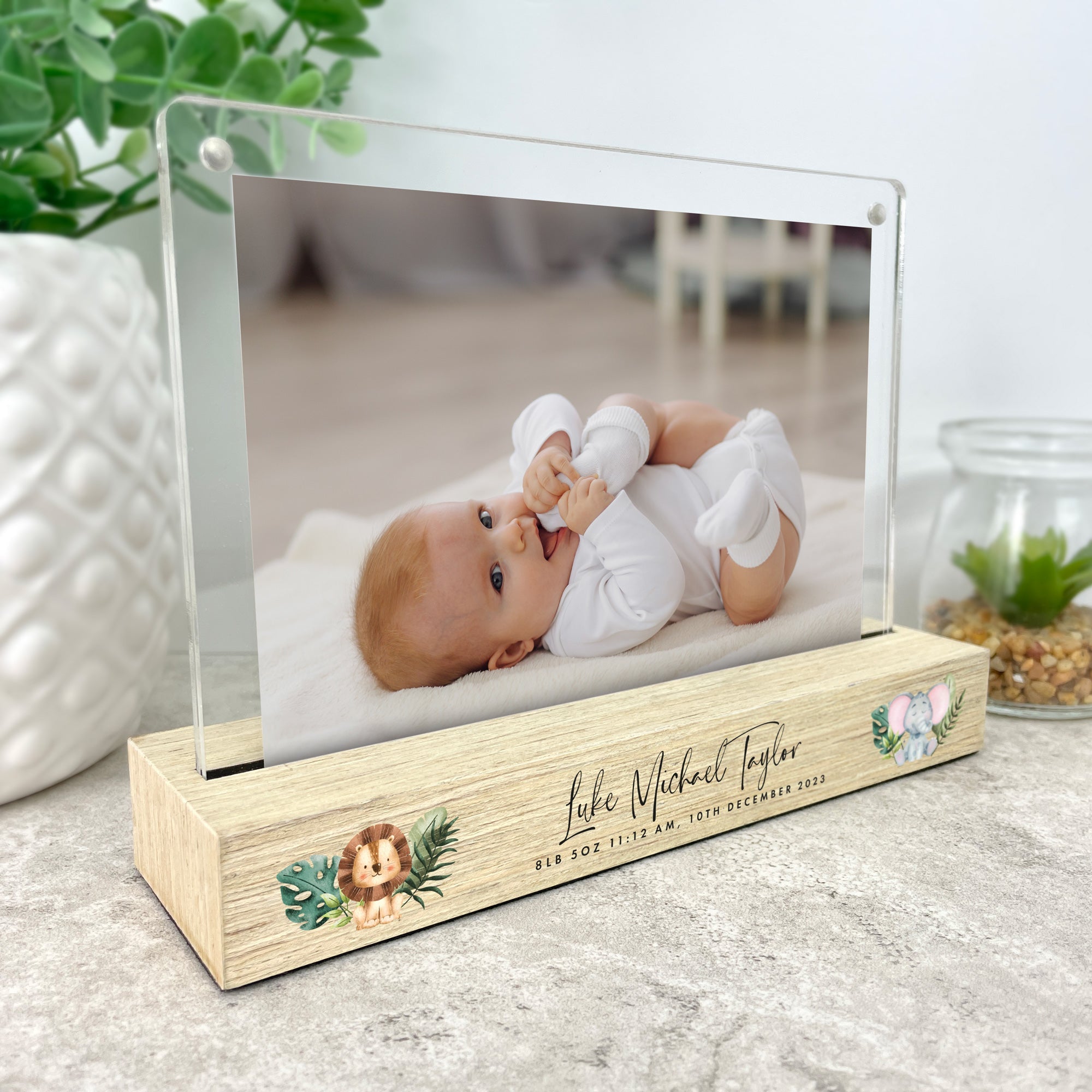 Personalised Jungle Animals New Baby Wooden Base 6x4