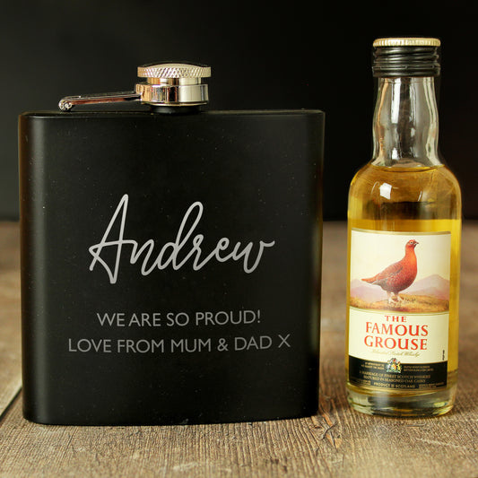Personalised Free Text Hip Flask and Grouse Miniature Set