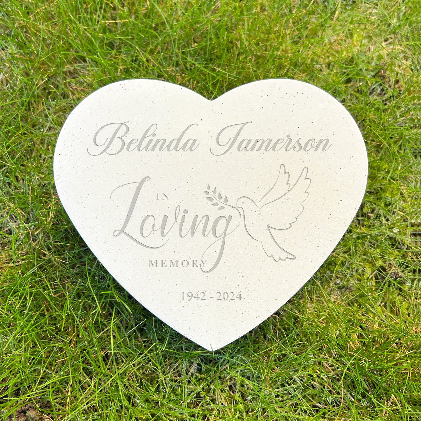 Personalised Engraved In Loving Memory Dove Resin Heart Grave Marker