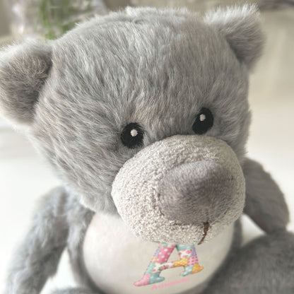 Personalised Patchwork Alphabet Plush Teddy Bear 25cm | New Baby, Christening & 1st Birthday Gift