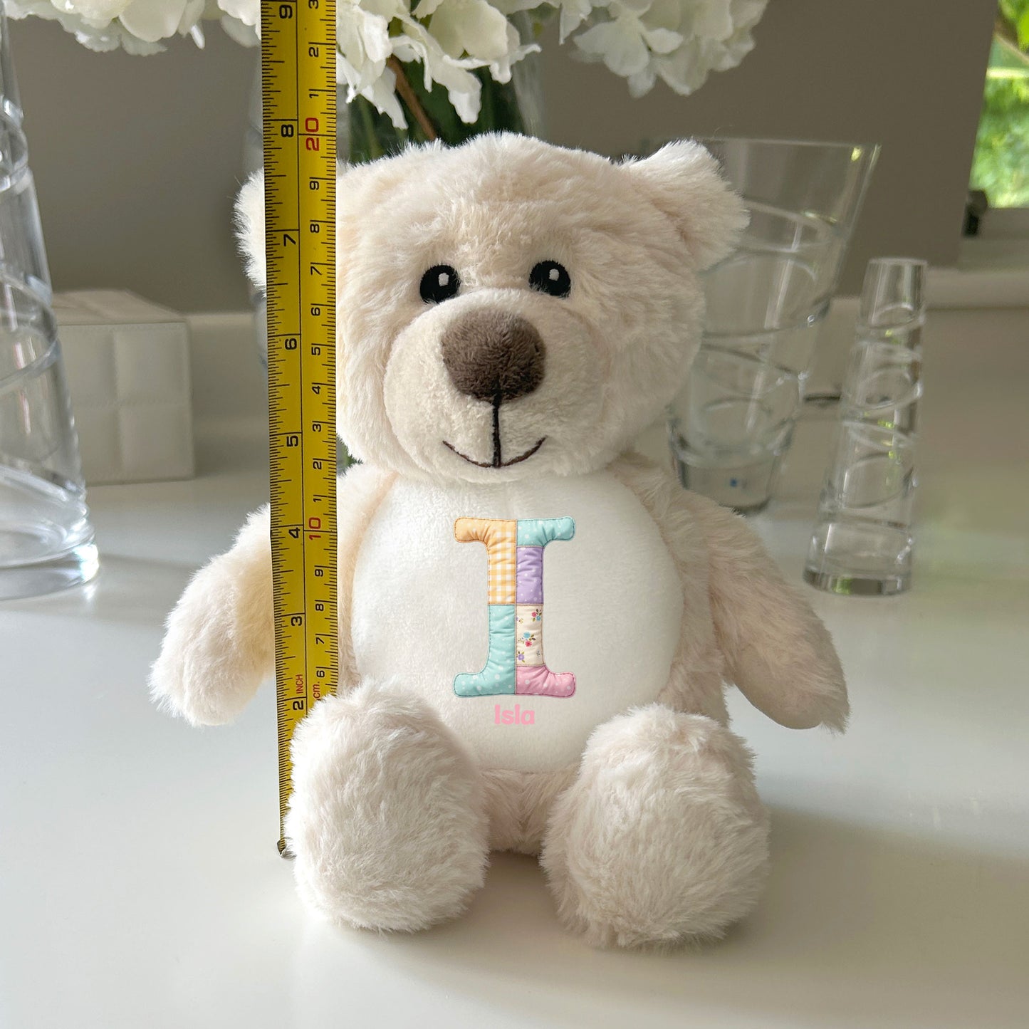 Personalised Patchwork Alphabet Plush Teddy Bear 25cm | New Baby, Christening & 1st Birthday Gift