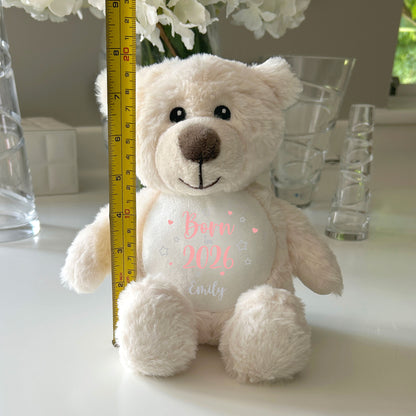 Personalised Born in 2026 Teddy Bear Plush Soft Toy 25cm | New Baby Arrival Gift