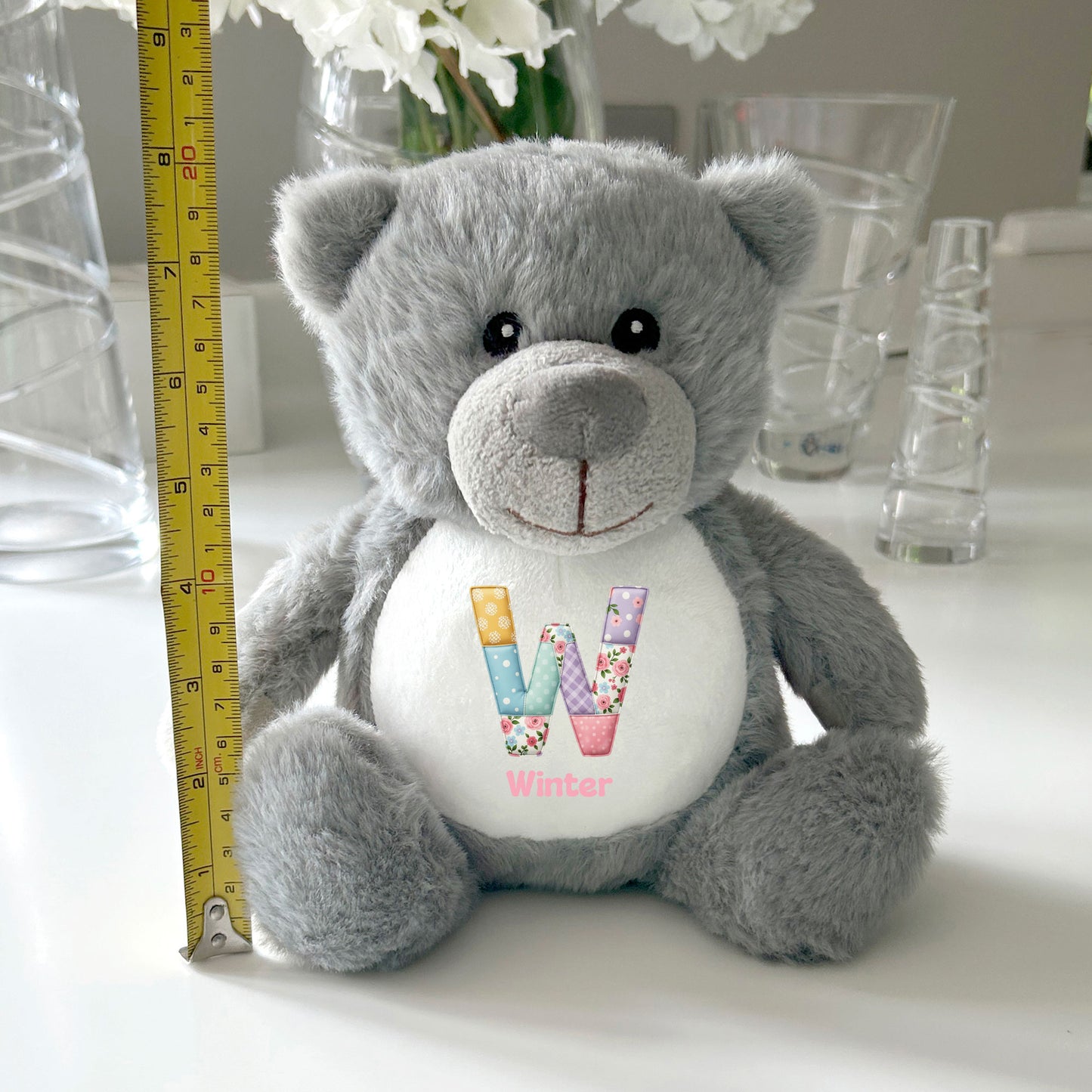 Personalised Patchwork Alphabet Plush Teddy Bear 25cm | New Baby, Christening & 1st Birthday Gift