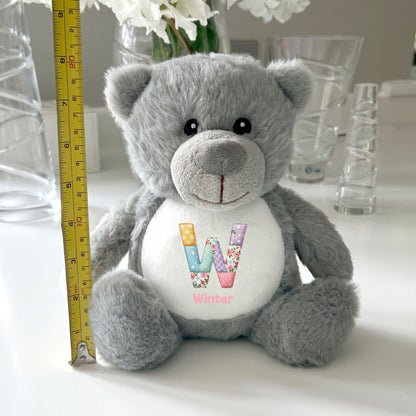 Personalised Patchwork Alphabet Plush Teddy Bear 25cm | New Baby, Christening & 1st Birthday Gift