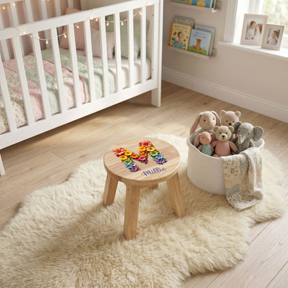 Personalised Wooden Flower Alphabet Round Toddler Step Stool | Nursery Decor & First Birthday Gift