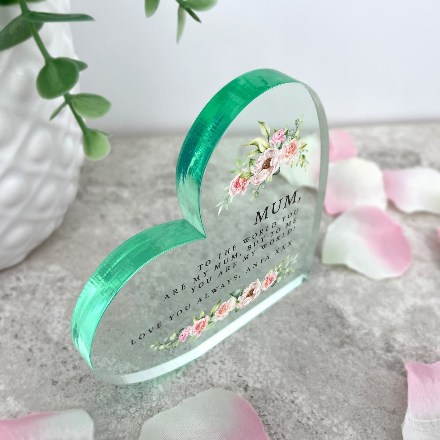 Personalised Any Message Pink Floral Acrylic Freestanding Heart
