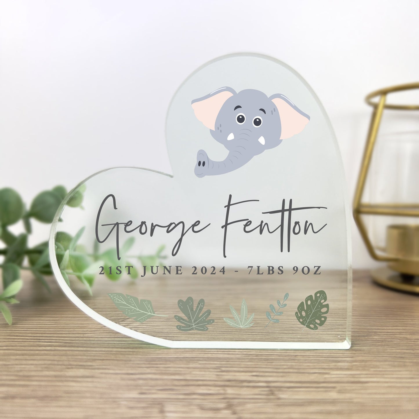 Personalised Jungle New Baby Acrylic Freestanding Heart - Animal Choices