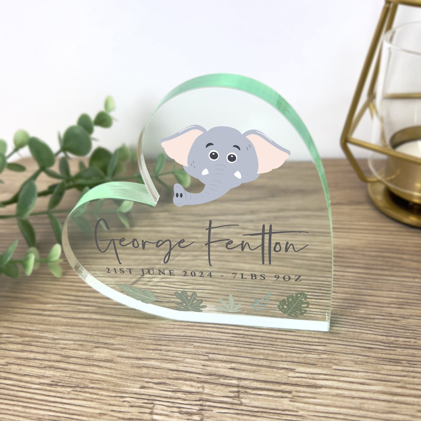 Personalised Jungle New Baby Acrylic Freestanding Heart - Animal Choices