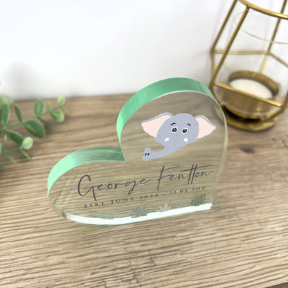 Personalised Jungle New Baby Acrylic Freestanding Heart - Animal Choices