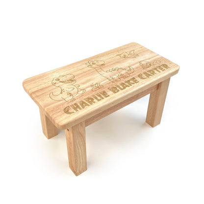 Personalised Engraved Children's Wooden Rectangular Stool Dinosaur Design | New Baby or Christening Gift
