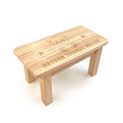 Personalised Engraved Children's Wooden Rectangular Stool Teddy Bear Design | New Baby or Christening Gift
