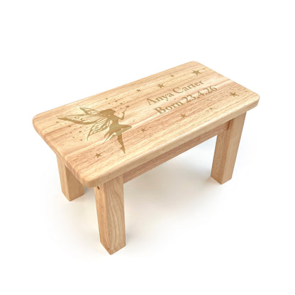 Personalised Engraved Children's Wooden Rectangular Stool Fairy Design | New Baby or Christening Gift