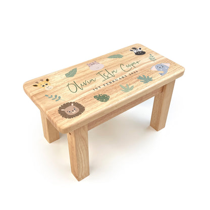 Personalised Children's Wooden Rectangular Stool Jungle Design | New Baby or Christening Gift