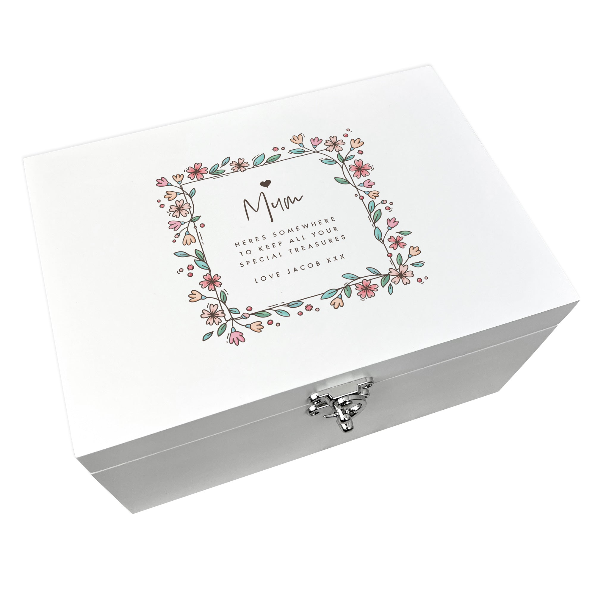 Personalised Any Message Flower Border White Wooden Keepsake Memory Box - 3 Sizes