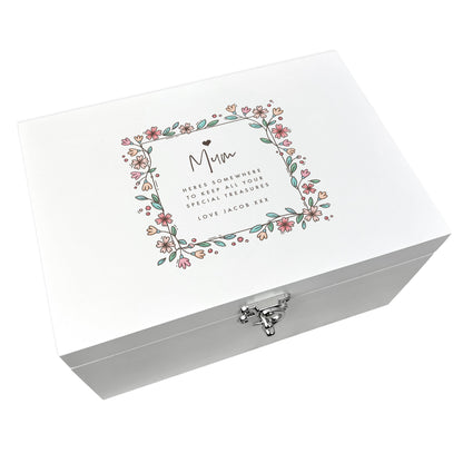 Personalised Any Message Flower Border White Wooden Keepsake Memory Box - 3 Sizes