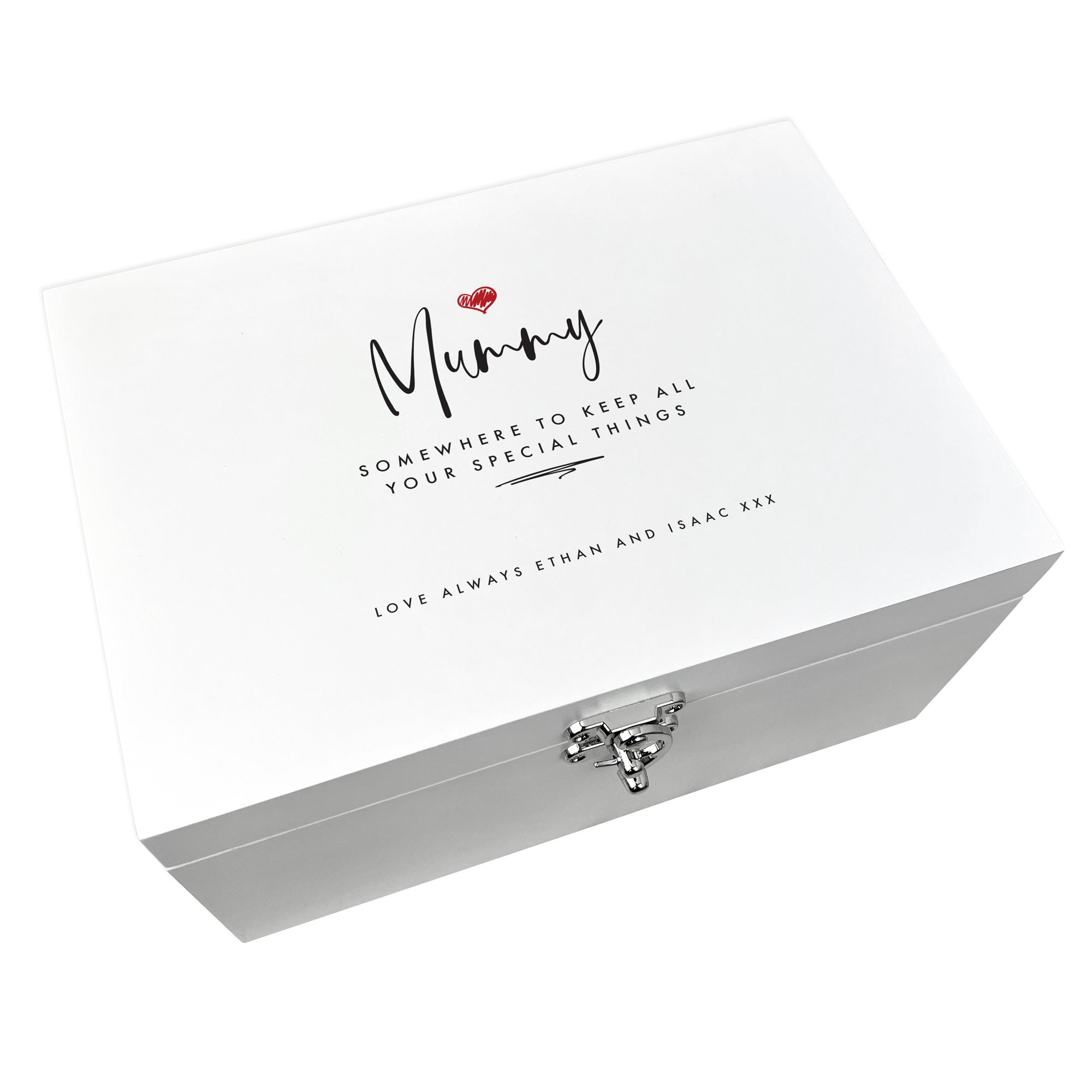 Personalised Any Name/Message Red Heart White Wooden Keepsake Memory Box - 3 Sizes