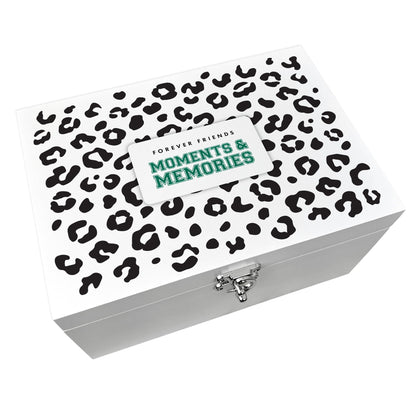 Personalised Leopard Print White Wooden Memory Box - Moments & Memories | Birthday Gift for Friends