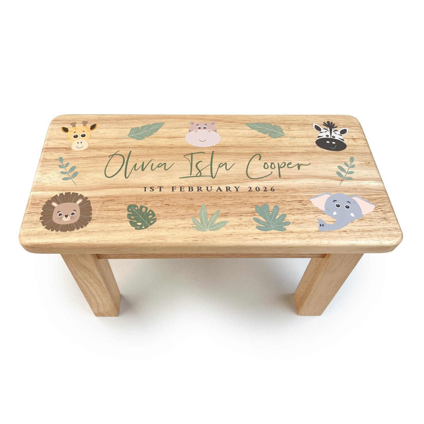 Personalised Children's Wooden Rectangular Stool Jungle Design | New Baby or Christening Gift