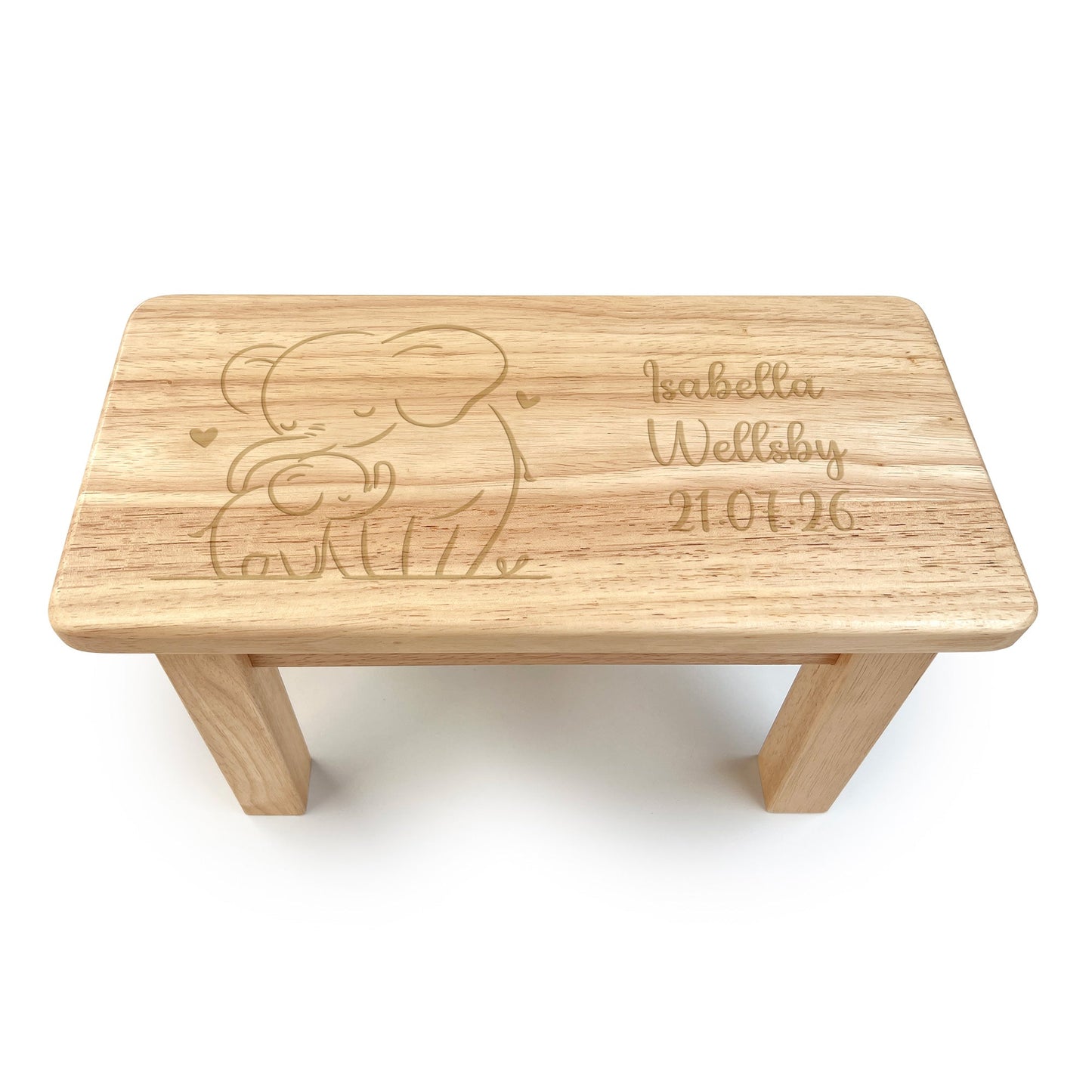 Personalised Engraved Children's Wooden Rectangular Stool Elephant Design | New Baby or Christening Gift
