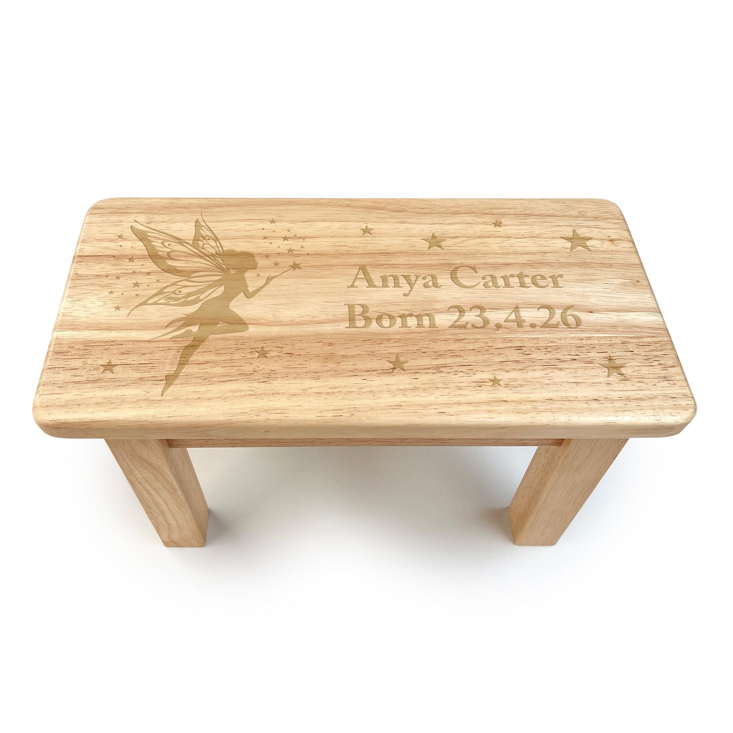 Personalised Engraved Children's Wooden Rectangular Stool Fairy Design | New Baby or Christening Gift