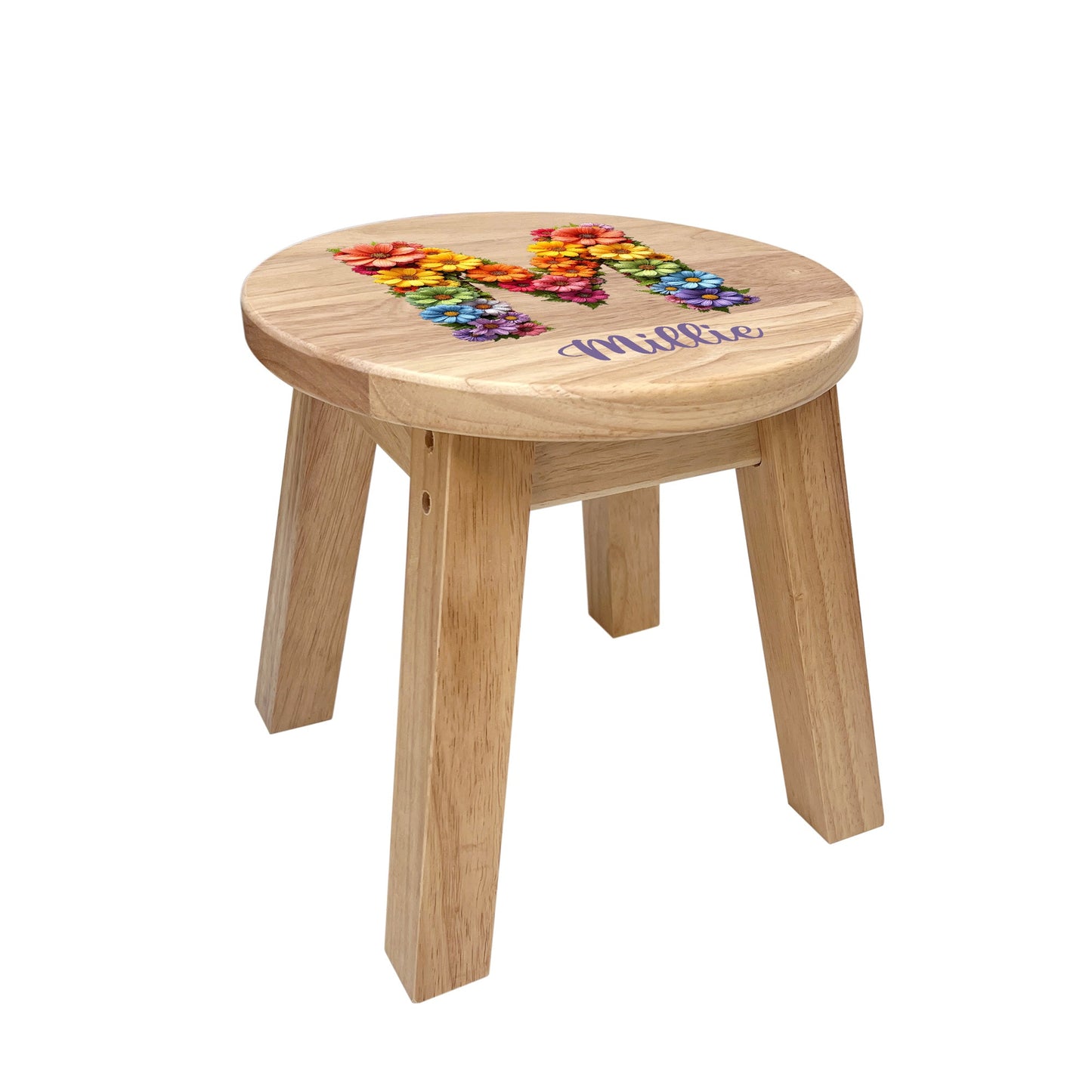 Personalised Wooden Flower Alphabet Round Toddler Step Stool | Nursery Decor & First Birthday Gift